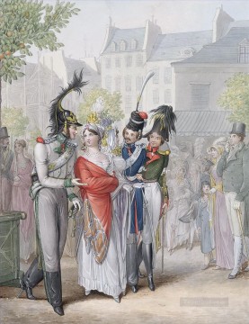 Two Ladies Accompanied by Russian Officers Georg Emanuel Opiz caricature Oil Paintings